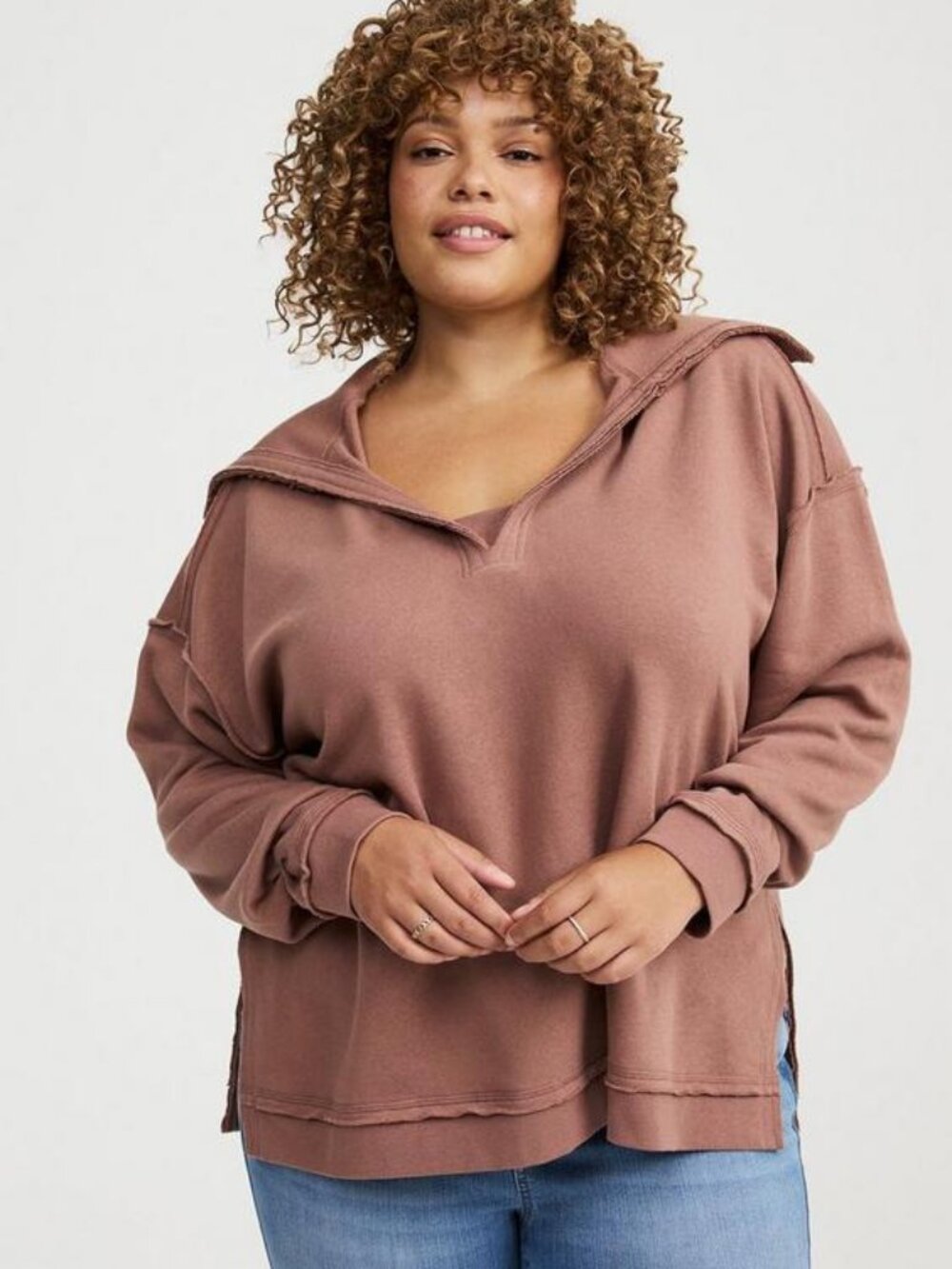 Torrid Cotton Blend Fleece V-Neck Sweatshirt Size 0 (12) Nutmeg Color
